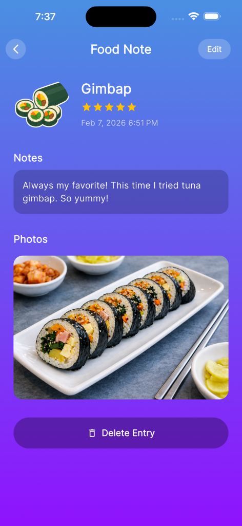 Food Diary app screen