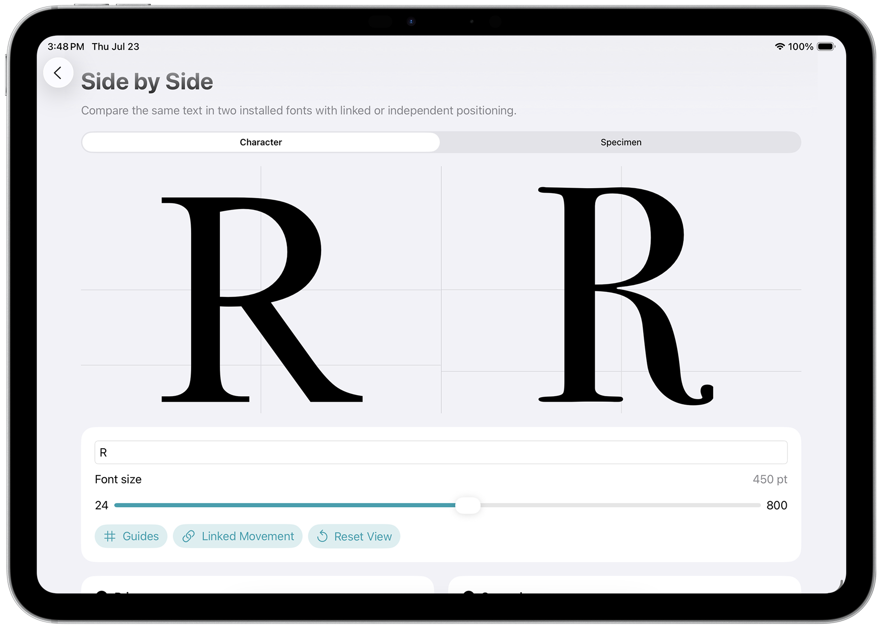 Typography Insight typeface comparison on iPad
